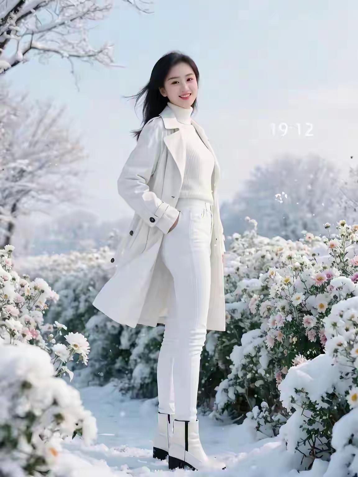 冬日雪景中的甜美女孩，白色穿搭尽显温柔与优雅。🌨️💕