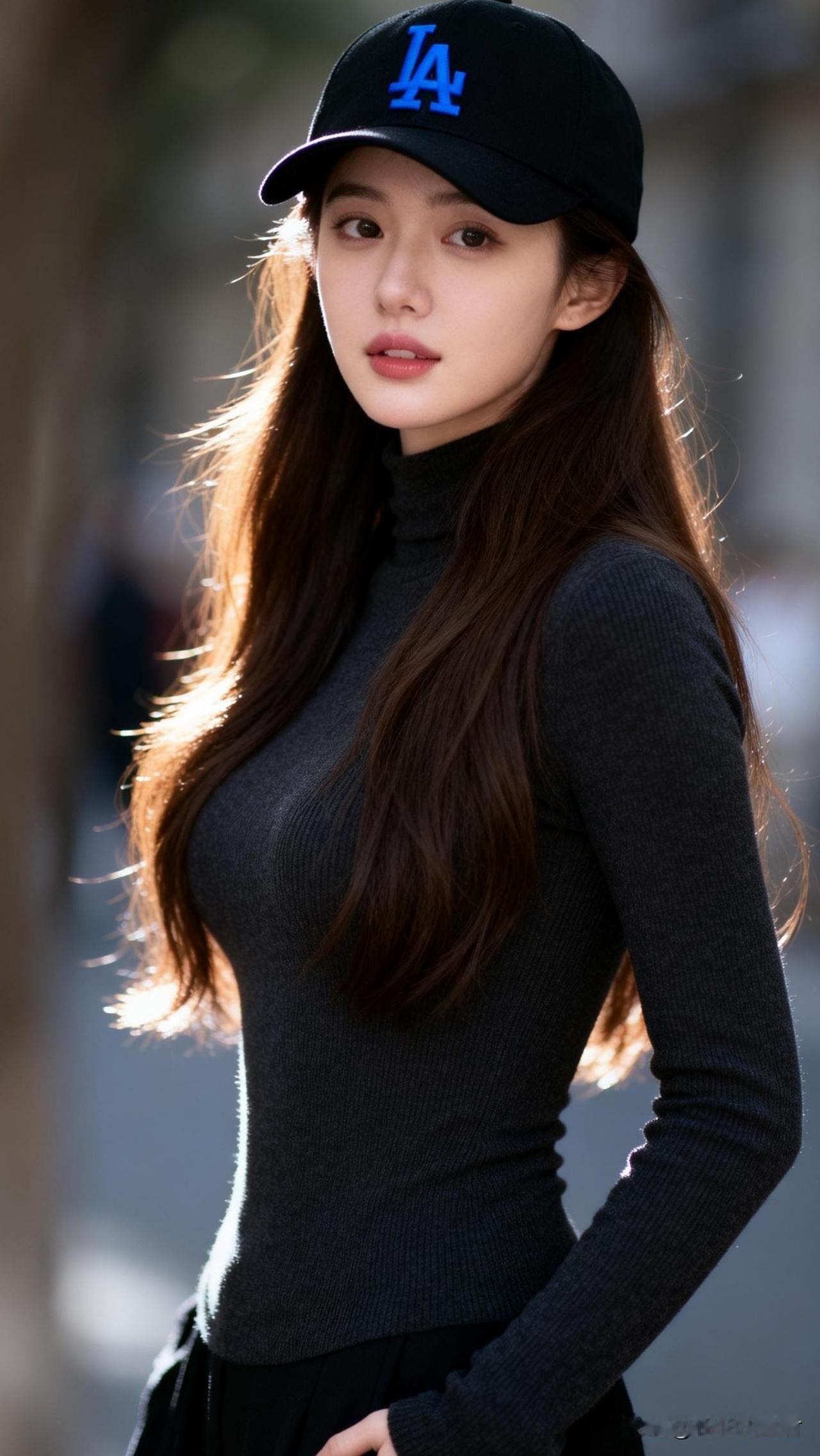 都市街头穿搭指南，简约黑色高领衫搭配LA棒球帽，时尚又帅气！