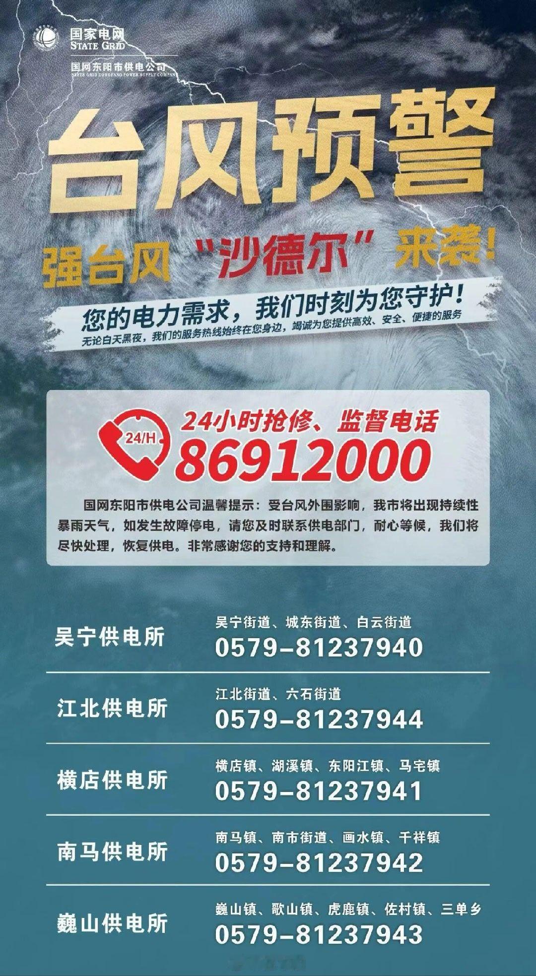 东阳身边事 受台风天气影响，我市可能出现大面积降水，如遇用电、用水、用气、公共设