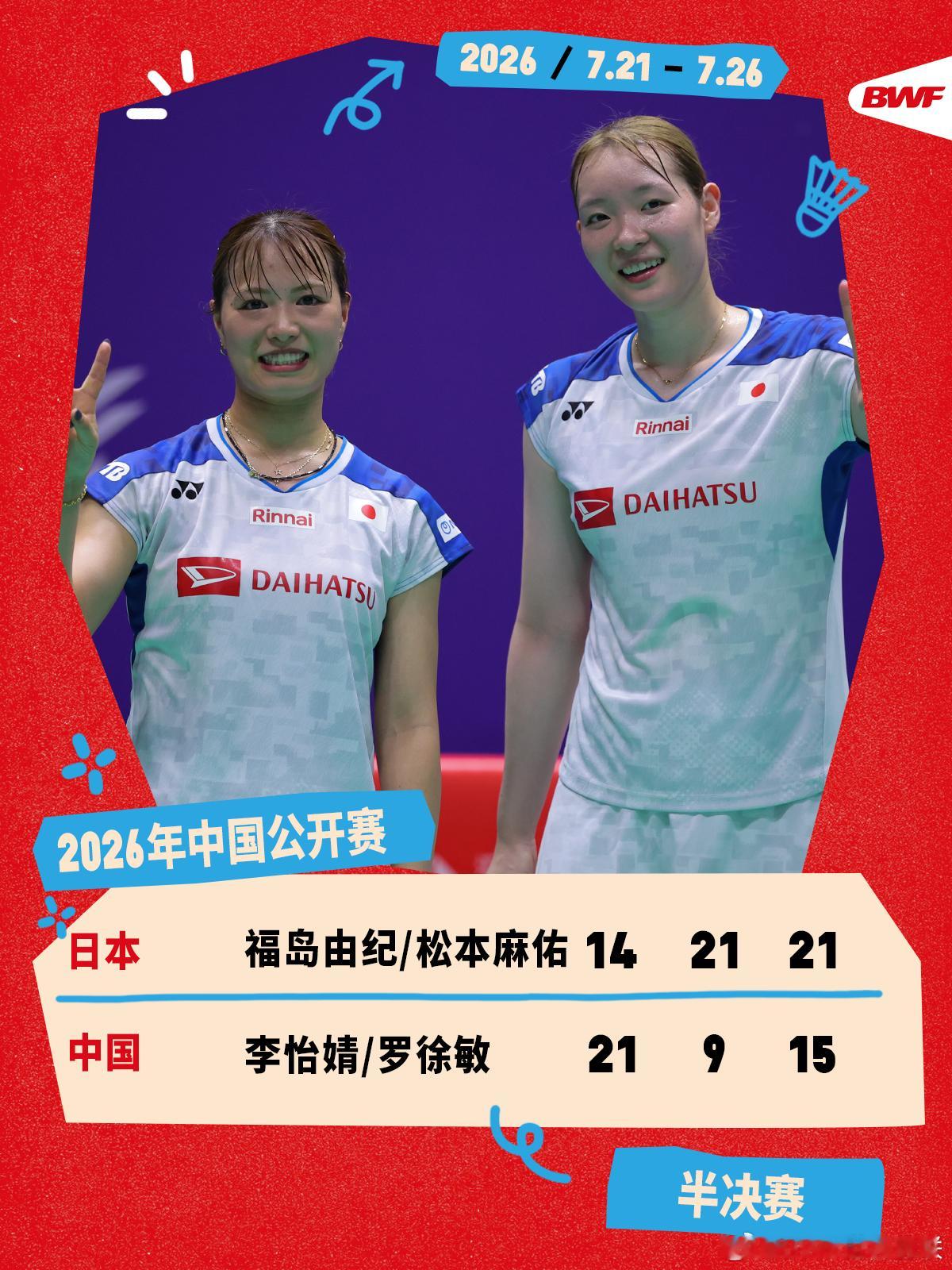 2026年中国羽毛球公开赛 半决赛赛况🔥福岛由纪/松本麻佑2-1李怡婧/罗徐敏