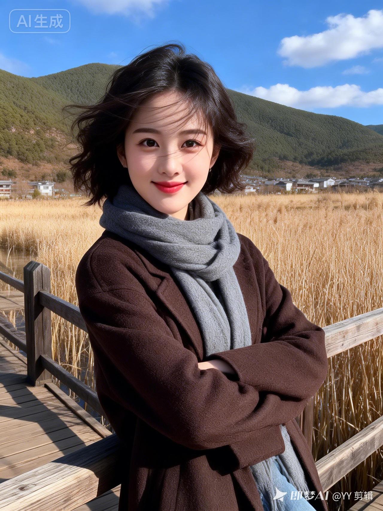 美女中短微卷蓬松发，鹅蛋脸五官柔和，伪素颜妆娇憨清新。风吹发丝拂脸，阳光光影自然