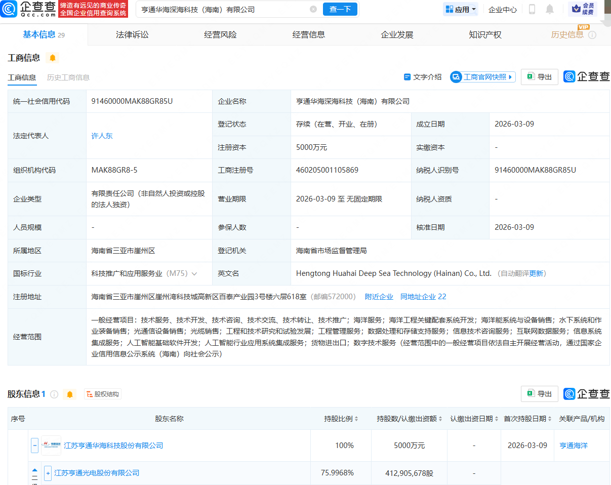 亨通光电在海南成立深海科技公司