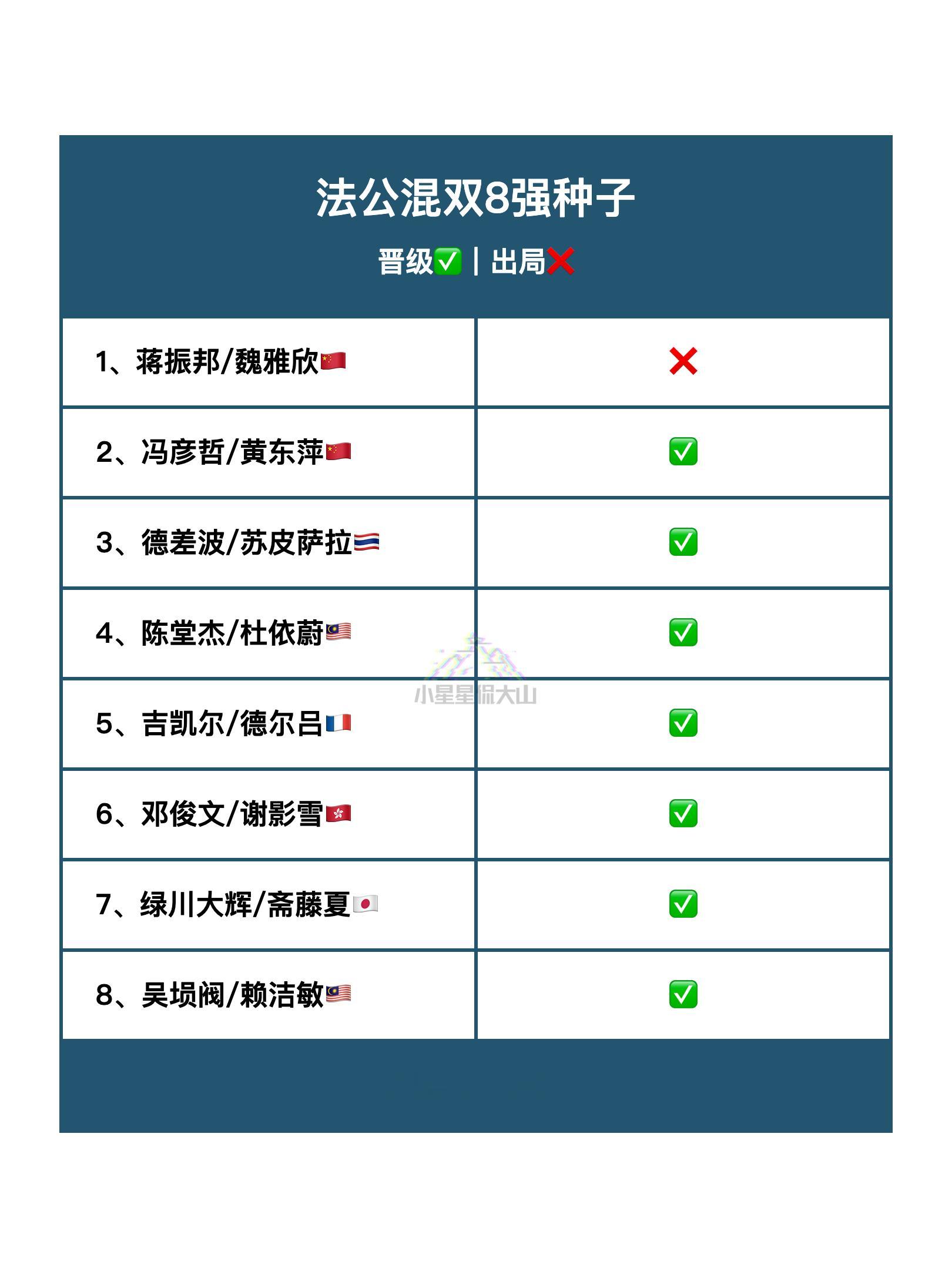 2025年法国羽毛球公开赛 混双8强种子晋级✅出局❌ ​​​