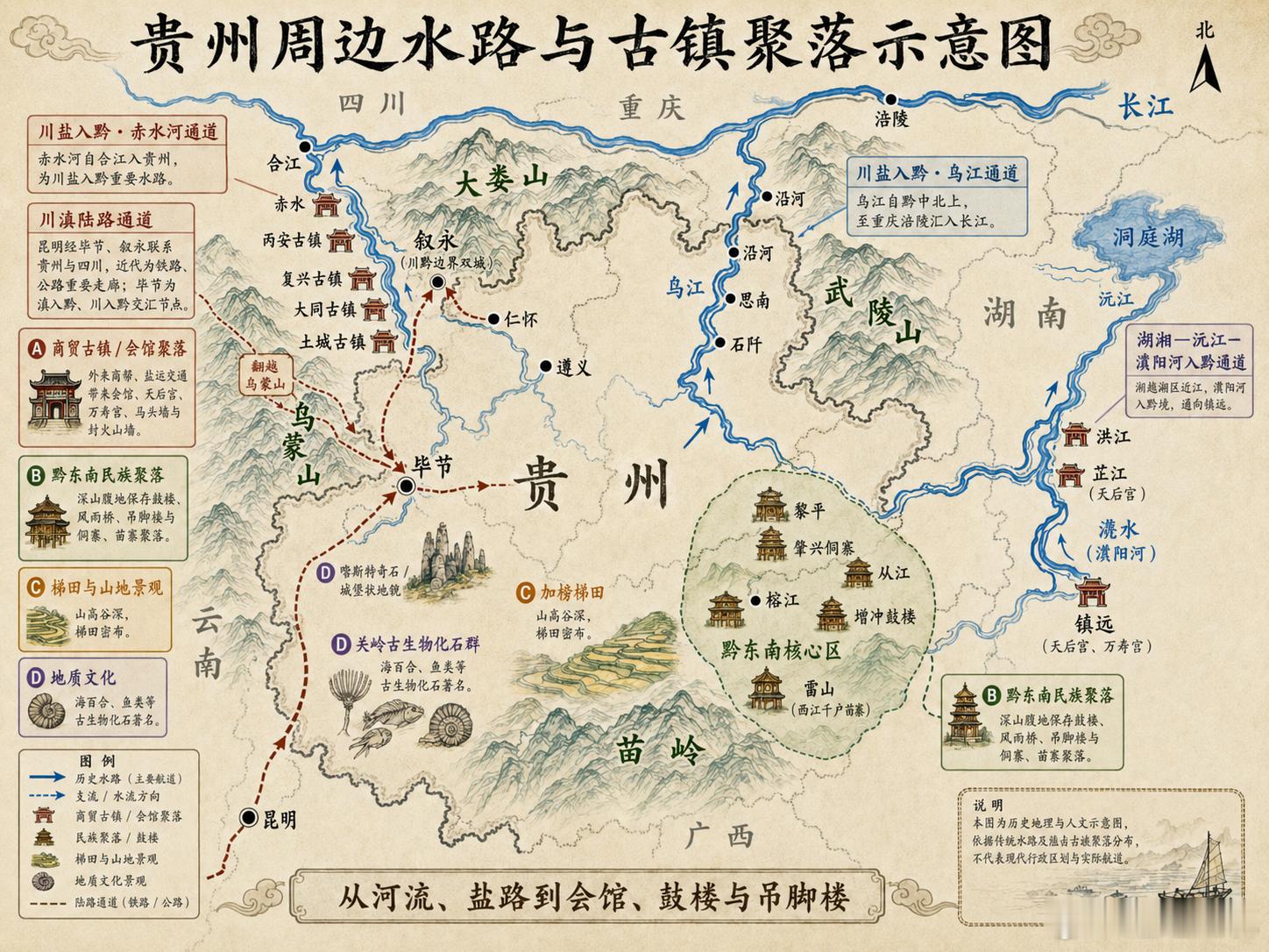 “贵州的水大多不是从外面流进贵州，而是从高原向四周流出去；真正逆着这些河流进入贵