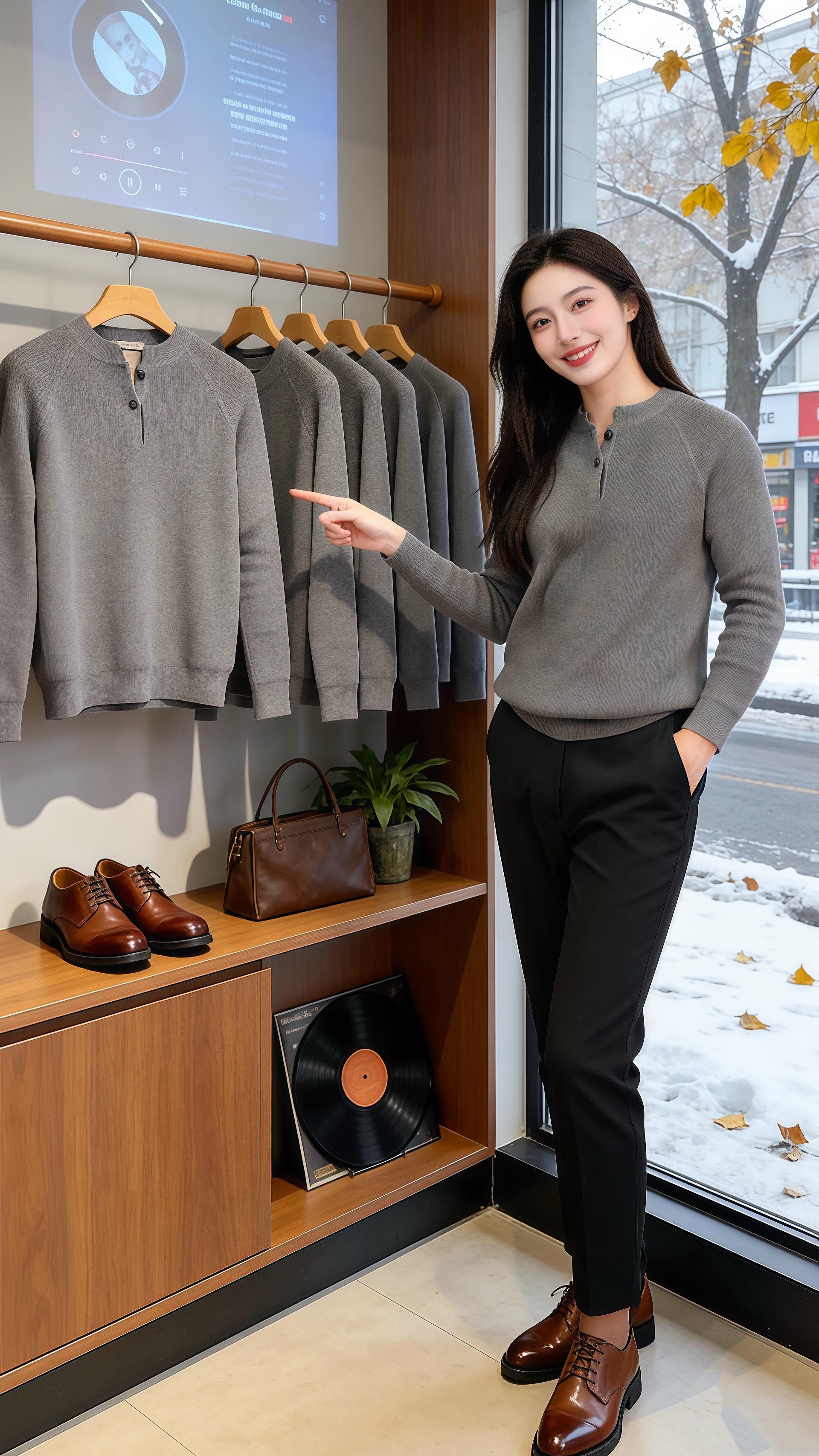 雪绒温雅  北城的雪粒敲着男装店的落地窗，暖灯将龟背竹的影投在深灰地砖...