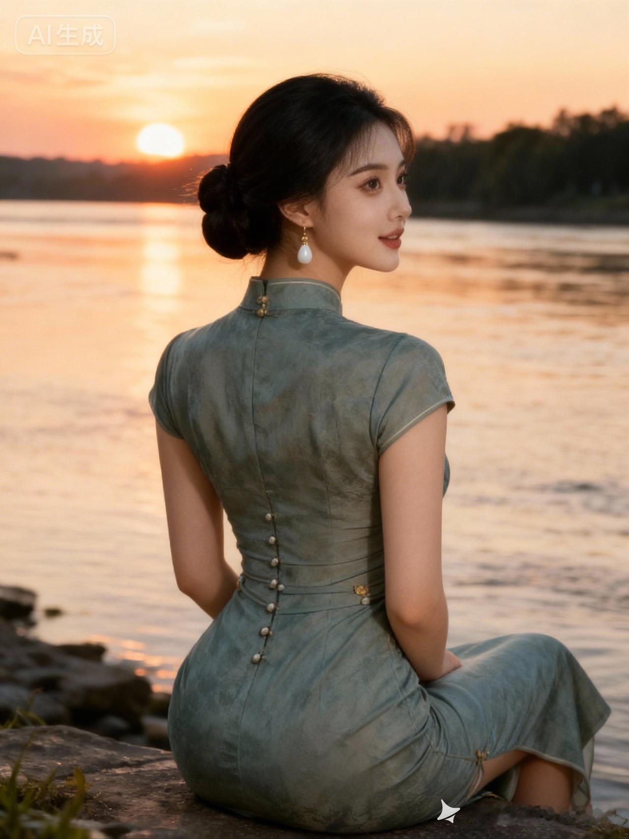 夕阳下的优雅女子，静坐湖畔，沉思悠远。