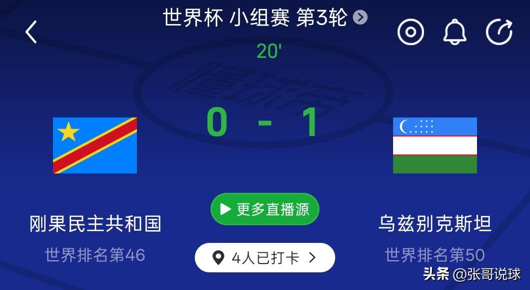 乌兹别克斯坦开局就进球，暂时1-0领先民主刚果，伊朗和韩国还有机会，本场乌兹别克