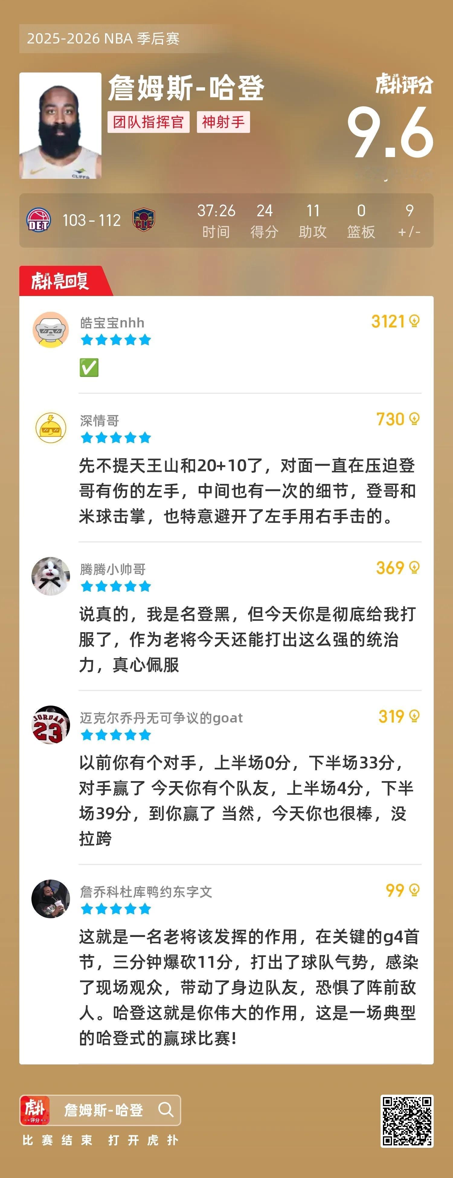 米切尔43分&哈登24+11，骑士112-103战胜活塞大比分2-2扳平NBA季