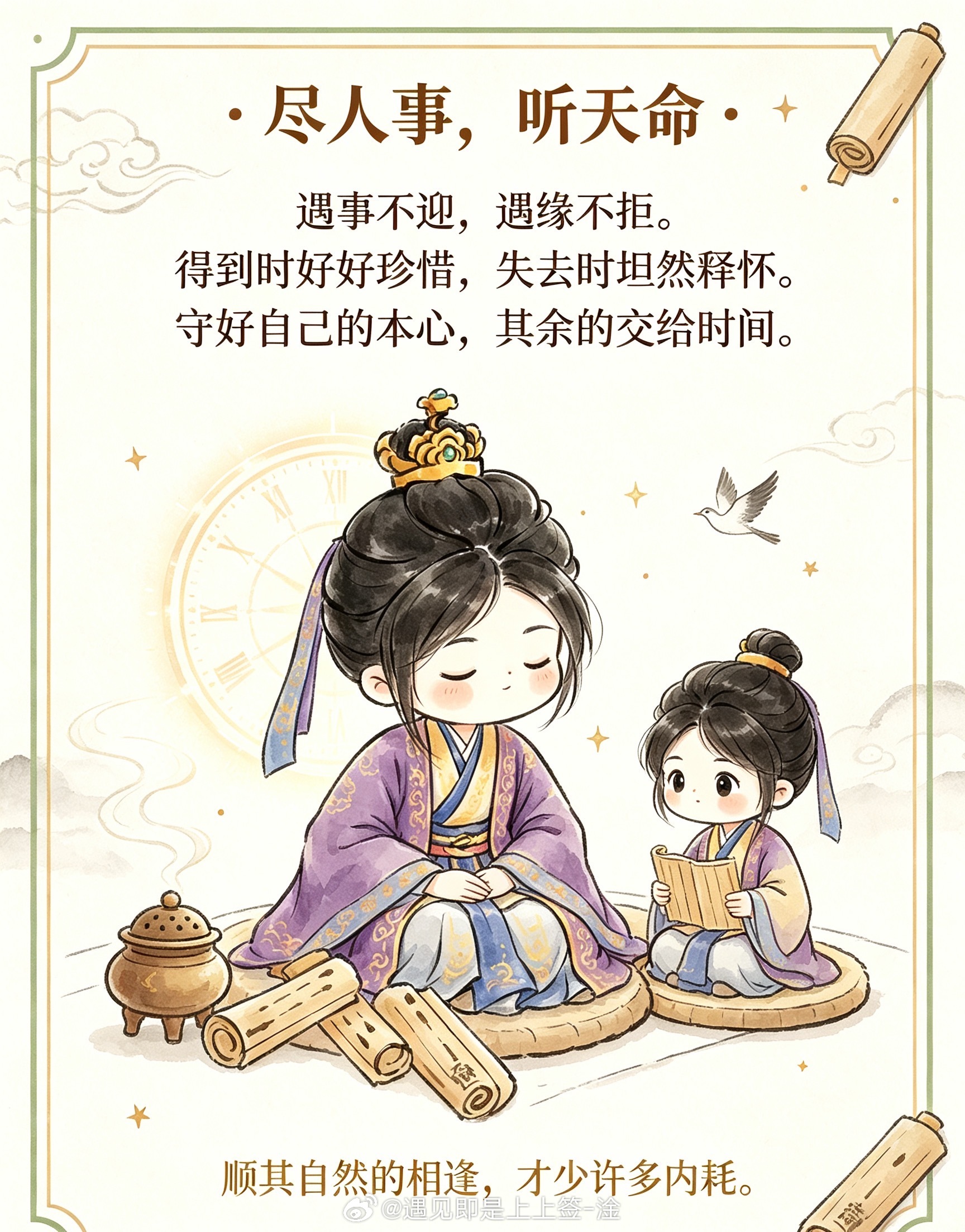 尽人事，听天命，守本心，剩下交给时间世上之事该来的总归会来，该走的也终会散去。不