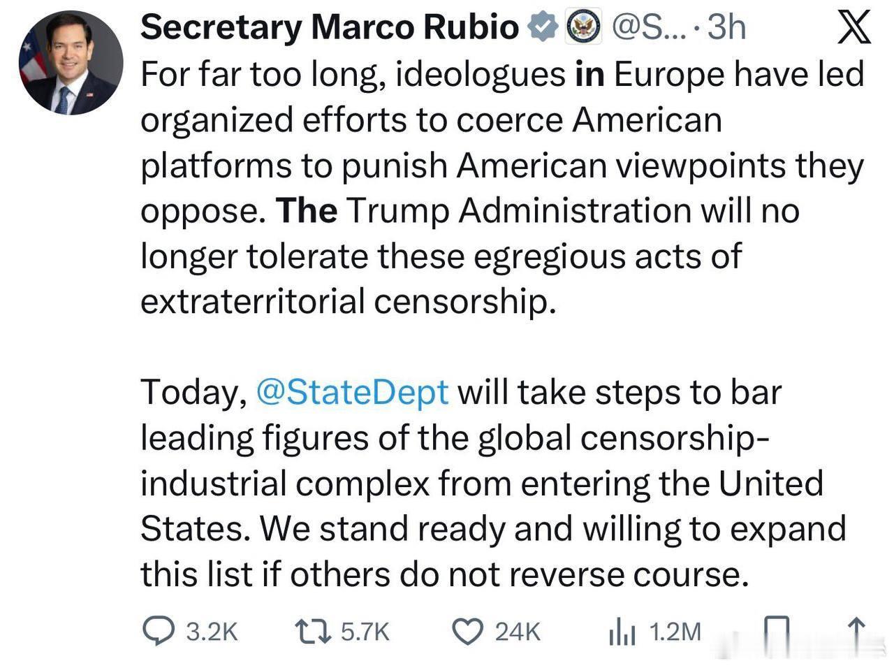 國務卿馬可·盧比奧（Marco Rubio）表示美國國務院對五名歐洲人士實施簽證