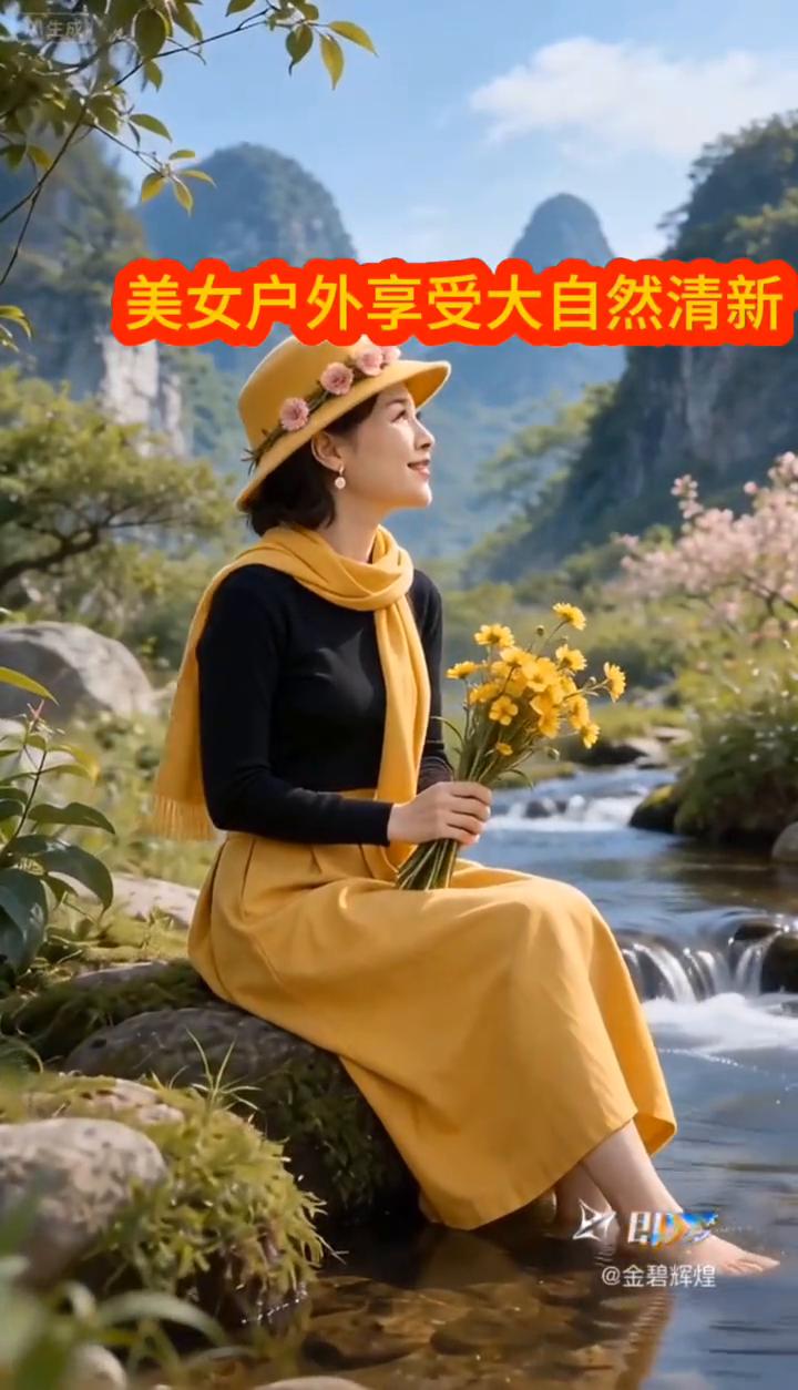 美女户外享受大自然清新。
置身青山溪水间，独享山野清风雨，温柔春光。