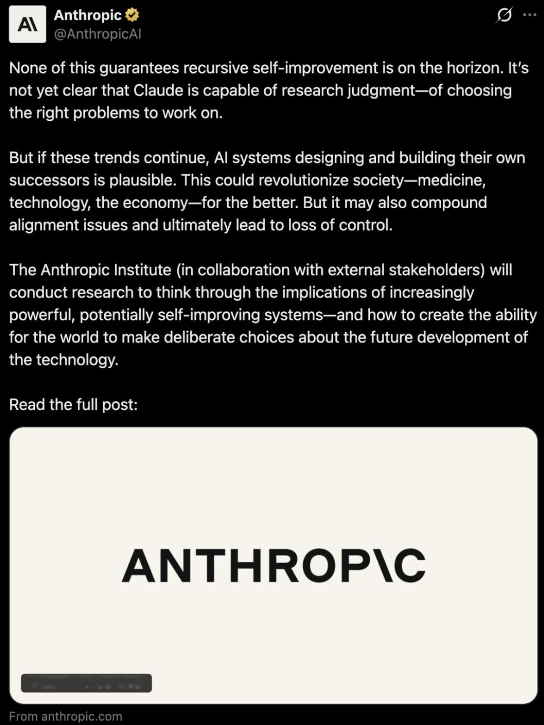 今天，看到Anthropic发了一篇文章，叫《当AI开始自我构建》，呼吁行业暂停