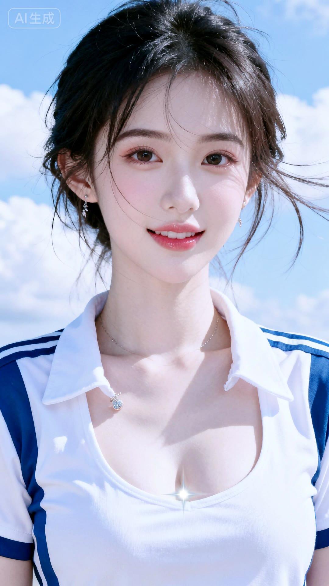 阳光明媚的午后，甜美少女在蓝天白云下绽放微笑。