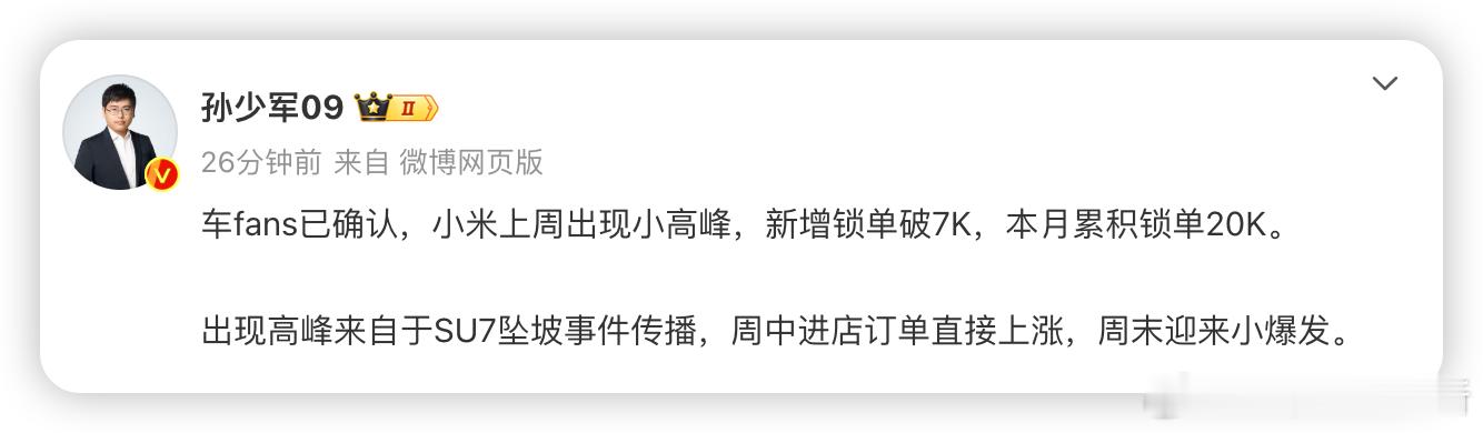 小米SU7上周订单出现小高峰，新增锁单量破7K，本月累计锁单20k。一款车从年头