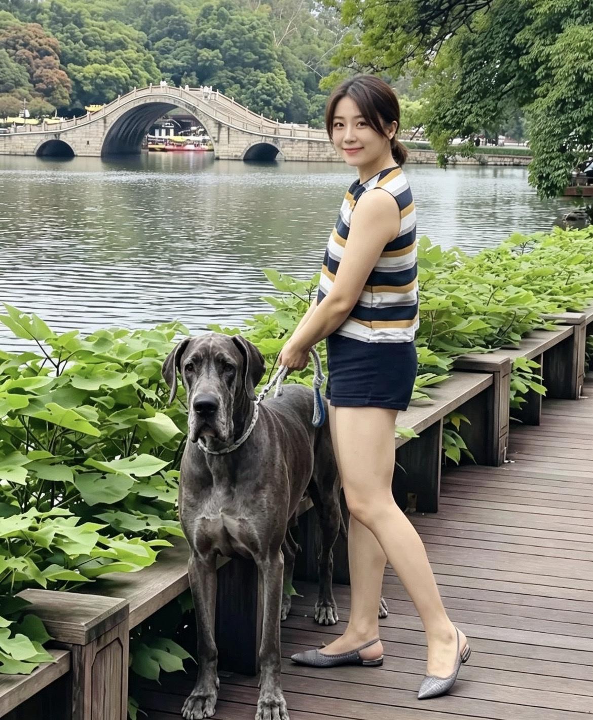 街拍遛狗的女士
清晨起身到公园闲逛，撞见一位气质优雅的女士牵着一只大狗，一人一狗