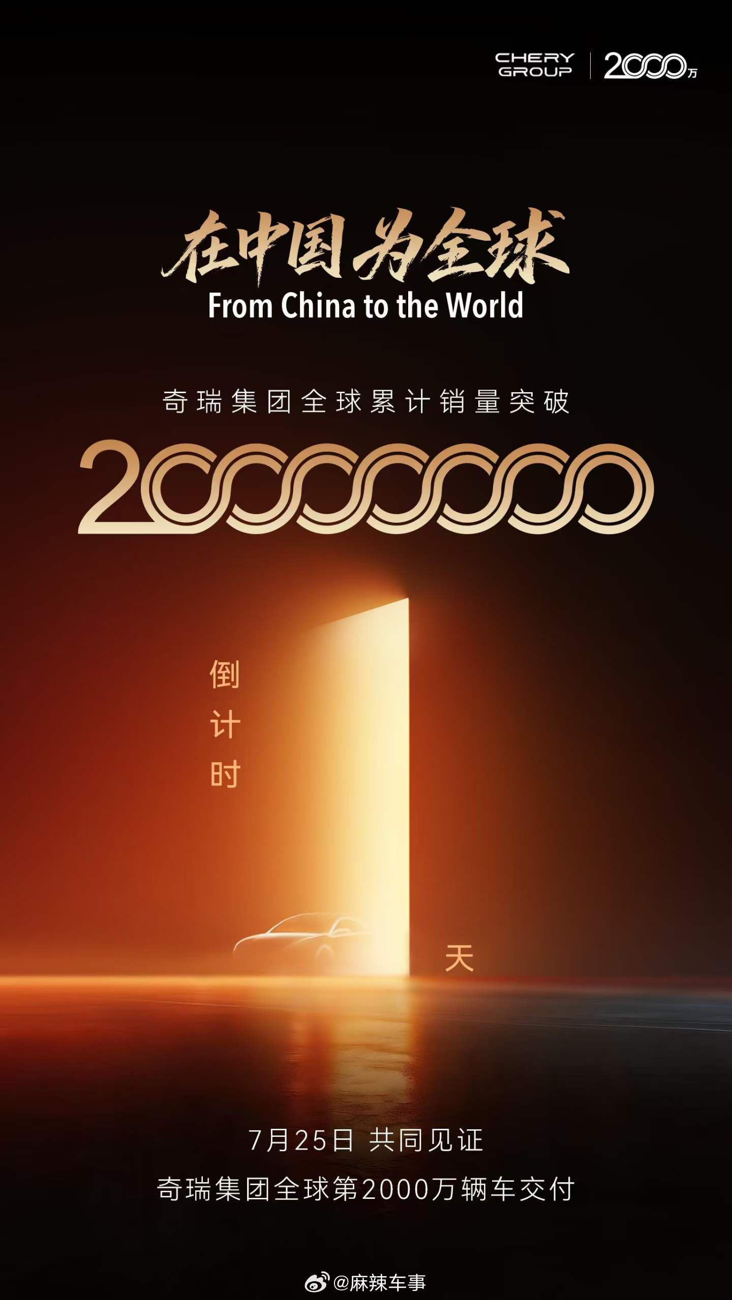 在中国，为全球。祝贺奇瑞汽车全球销量突破2000万台 