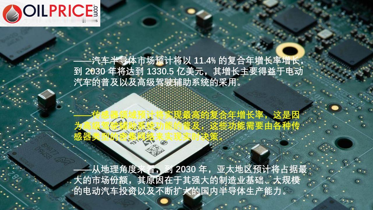 到 2030 年，汽车半导体市场规模将达 1330 亿美元。

市场研究公司 M