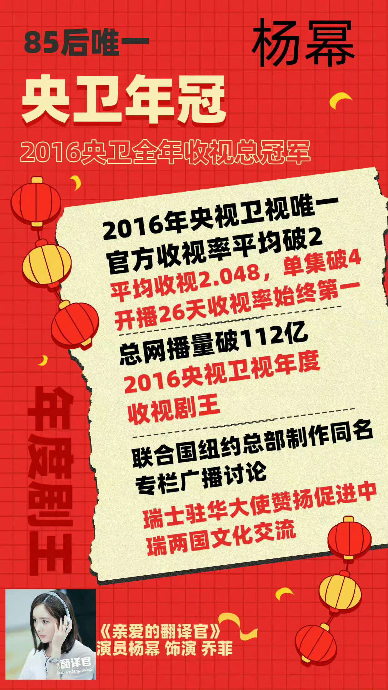 内娱大爆的现偶 杨幂 那当然是2016年收视央视卫视全年剧王🏆杨幂《亲爱的翻译