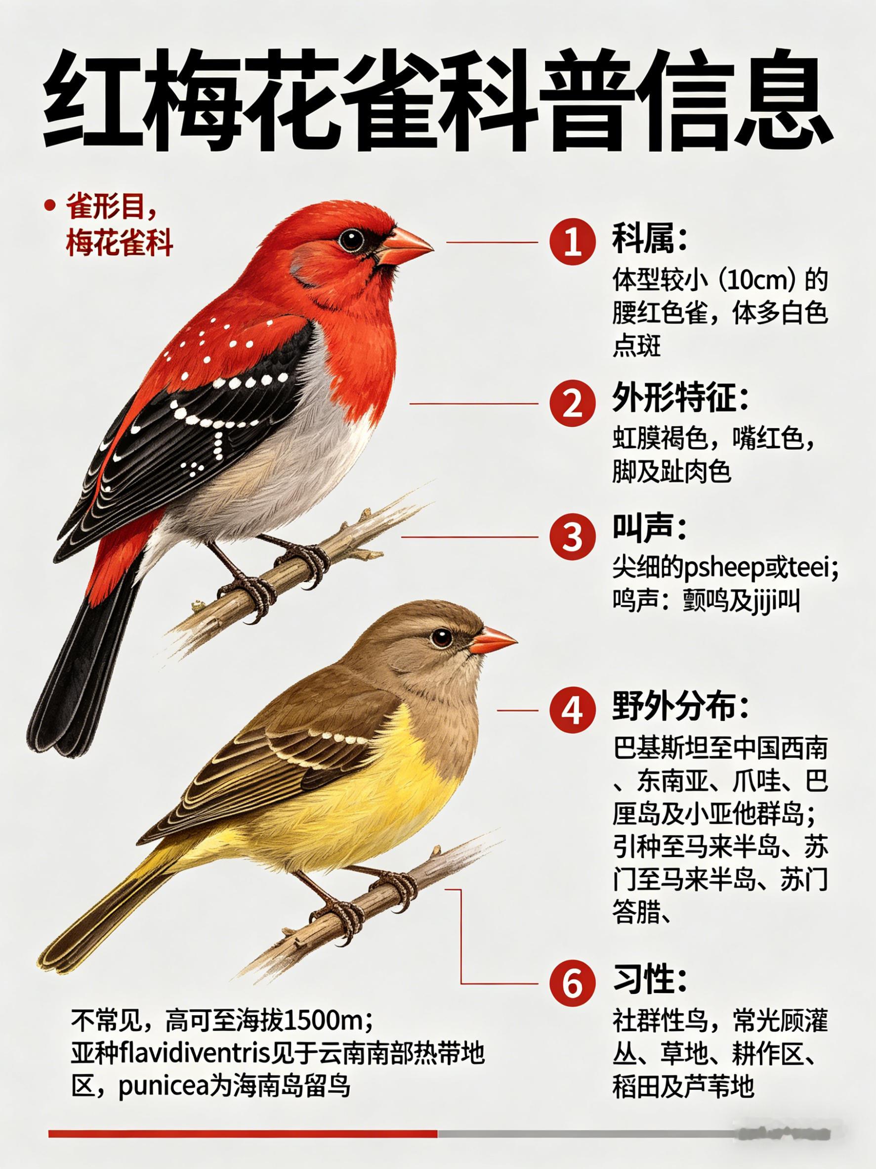 鸟类朋友图鉴 红梅花雀·科属：雀形目，梅花雀科。·外形特征：体型较小（10cm）