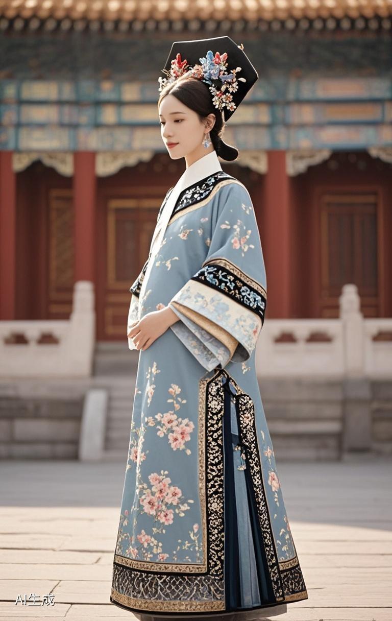 AI写真辑转眼我就身着清服，立于宫苑深处。红墙黄瓦间，仿佛听见历史的回声，你也来