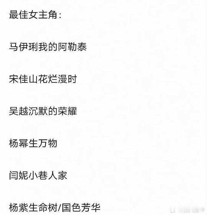网传今年金鹰奖最佳女主角提名名单：杨紫、宋佳、吴越、闫妮、杨幂、马伊琍，你最看好