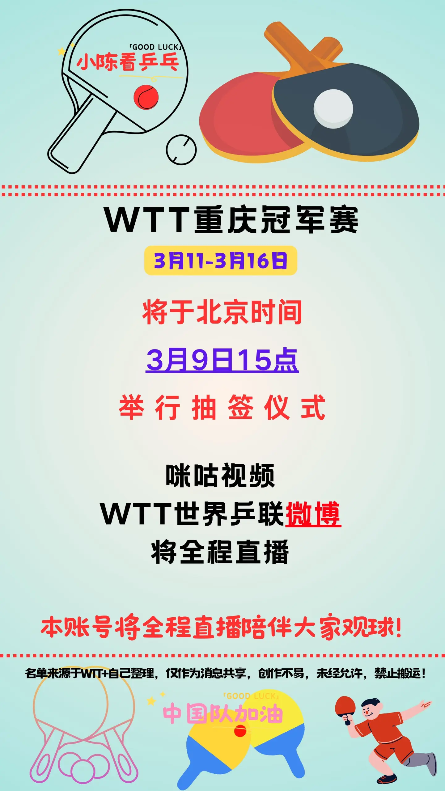 WTT重庆冠军赛抽签仪式3月9日15点。WTT重庆冠军赛抽签仪式将于3...