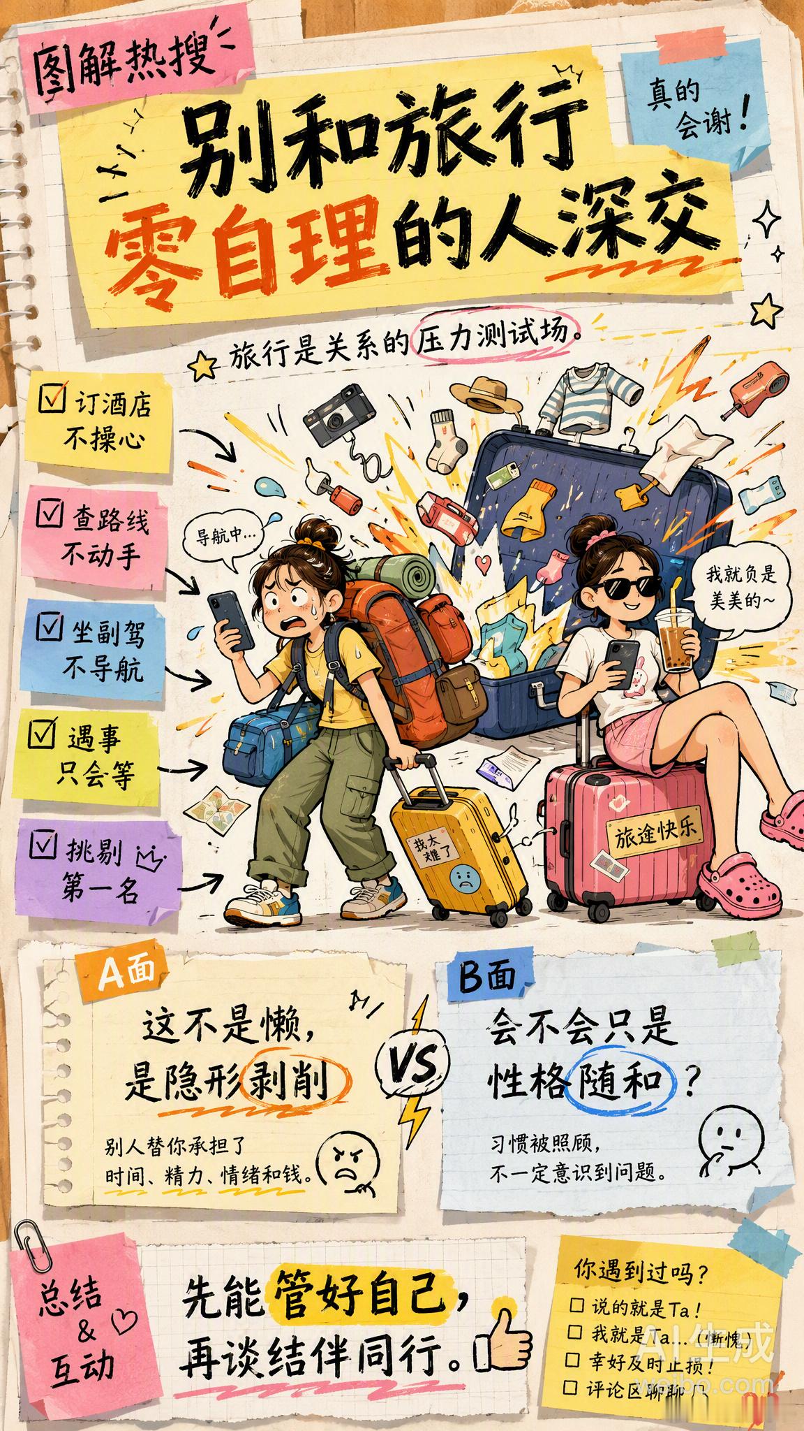 别和旅行零自理的人深交 所谓「旅行零自理」，不是指第一次出门的手忙脚乱，而是那种