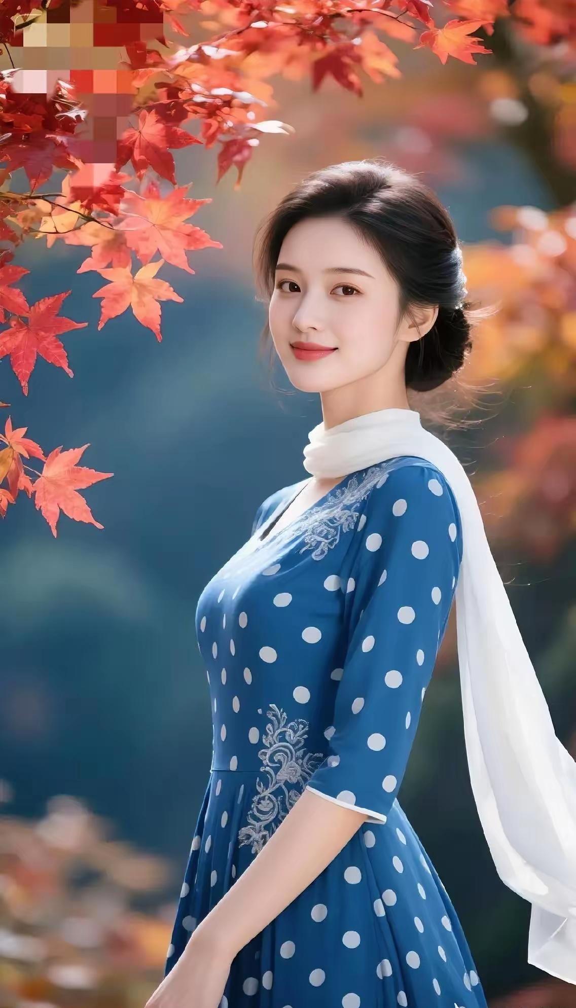 秋意渐浓，红叶飘落，优雅女子，静谧如画。