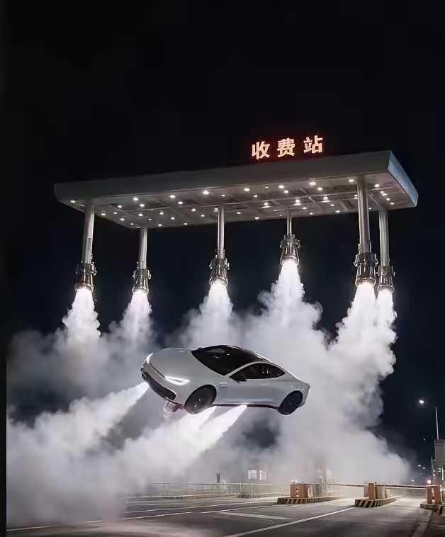 网友：特斯拉汽车就算会飞，在国内也跑不了。。。这AI图，马斯克看到了会不会跟着玩