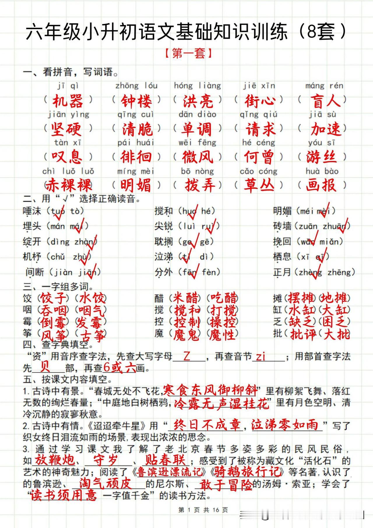 六年级小升初语文基础知识训练共8套✅✅✅