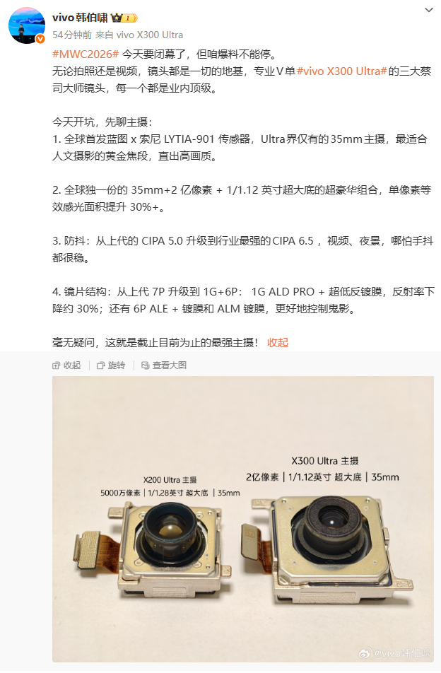 vivo X300 Ultra的主摄堪称王炸！全球首发索尼LYTIA-901，3