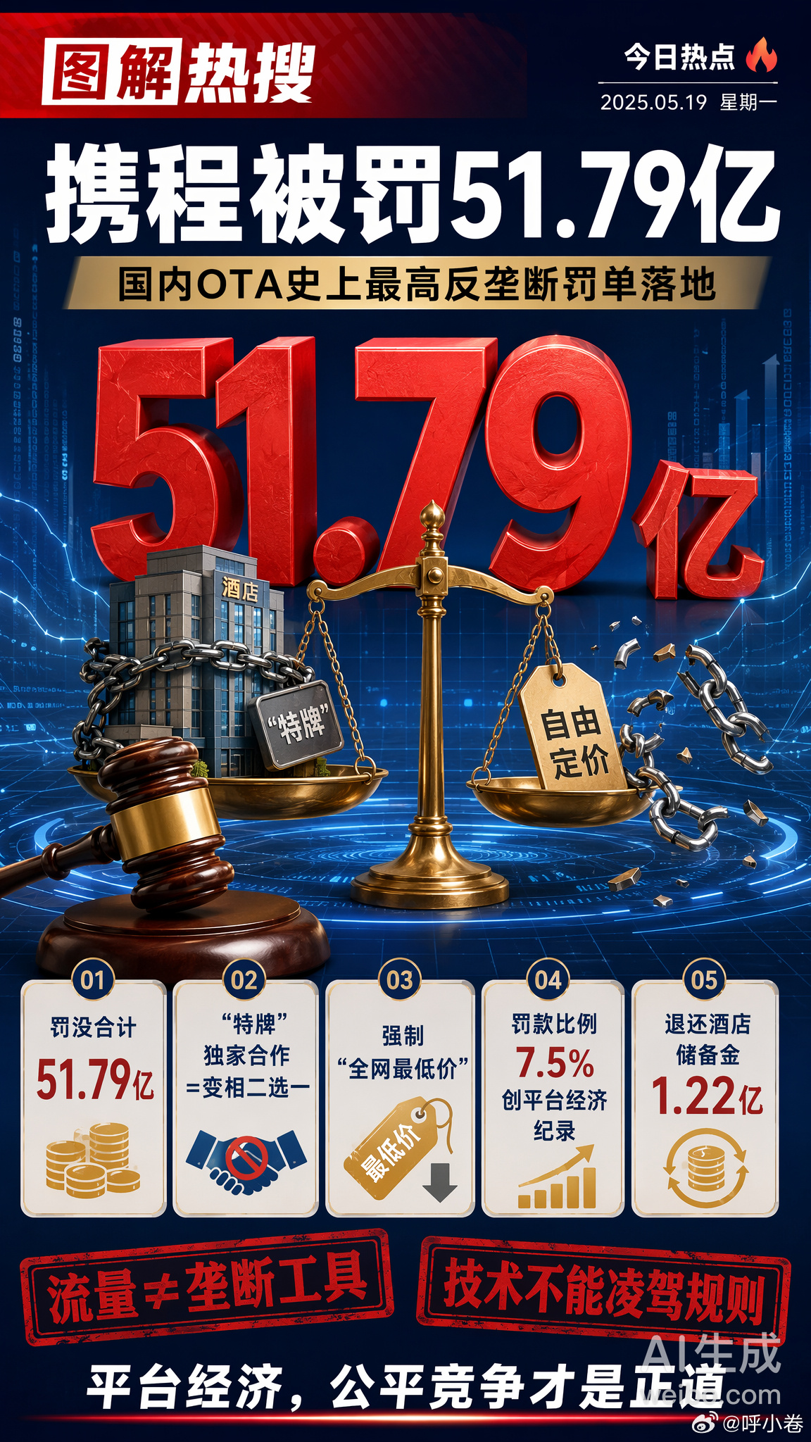 携程被罚51.79亿 7月25日，市场监管总局依法对携程滥用市场支配地位作出行政