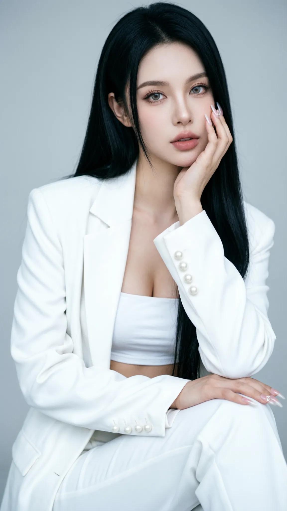 冷艳黑发少女，白色西装穿搭，气质满分！💄✨