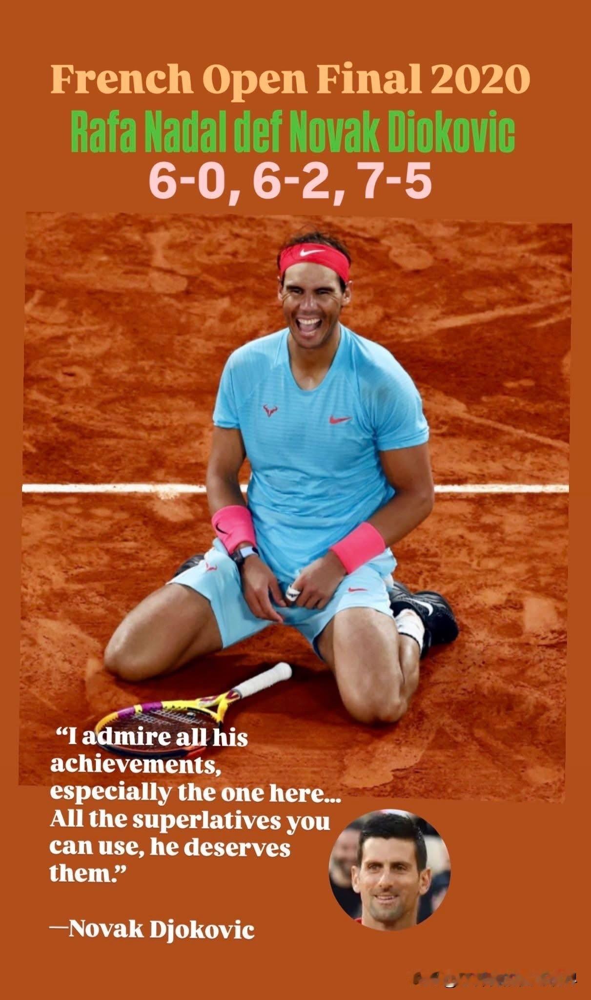 2020年法国网球公开赛决赛纳达尔直落三盘击败德约科维奇，首盘红土之王就火力全开