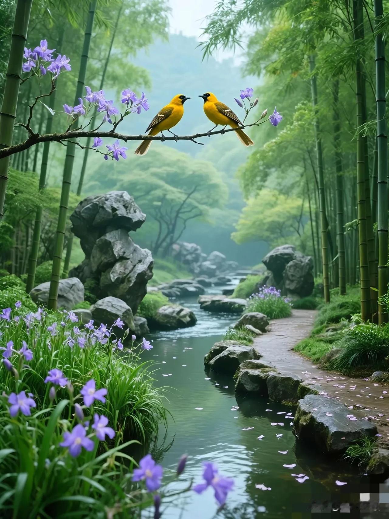 家人们谁懂啊！
溪边闲逛撞见野趣，流水潺潺绕着青石，枝头的翠鸟叽叽喳喳唱个不停，