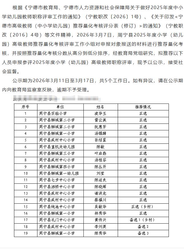 关于2025年度小学（幼儿园）高级教师量化推荐工作结果公示！量化是按照推荐量化考