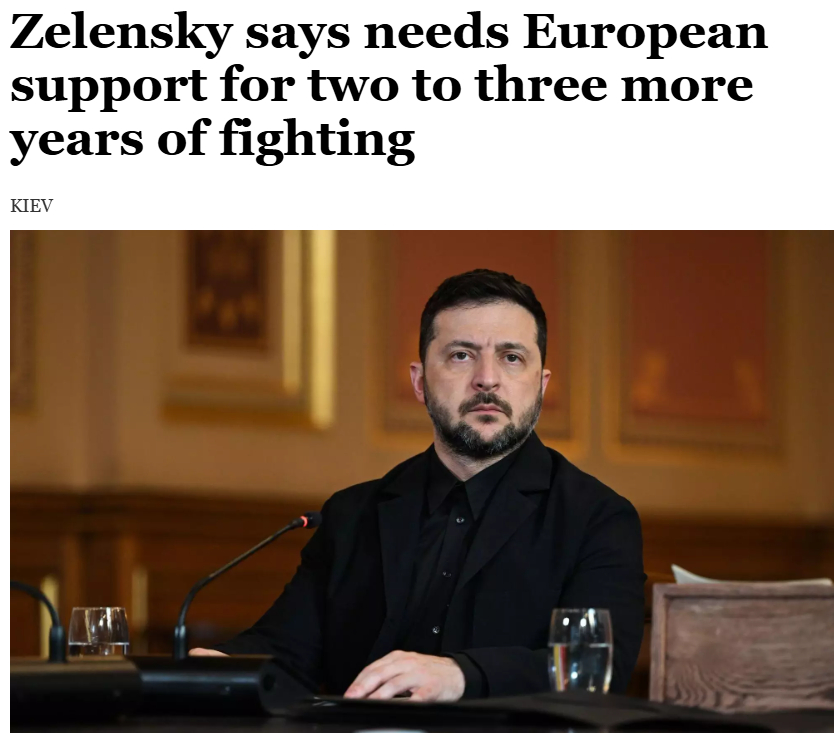 【泽连斯基准备再打两三年】据法新社28日报道，乌克兰总统泽连斯基表示，乌克兰需要