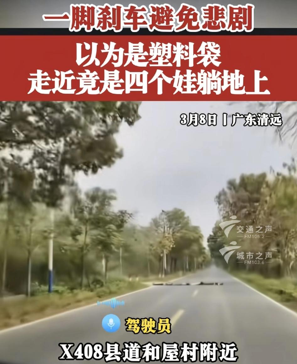 广东清远，一司机驾驶在乡道时，发现前面有障碍物，一开始以为那时黑色的塑料袋，没想