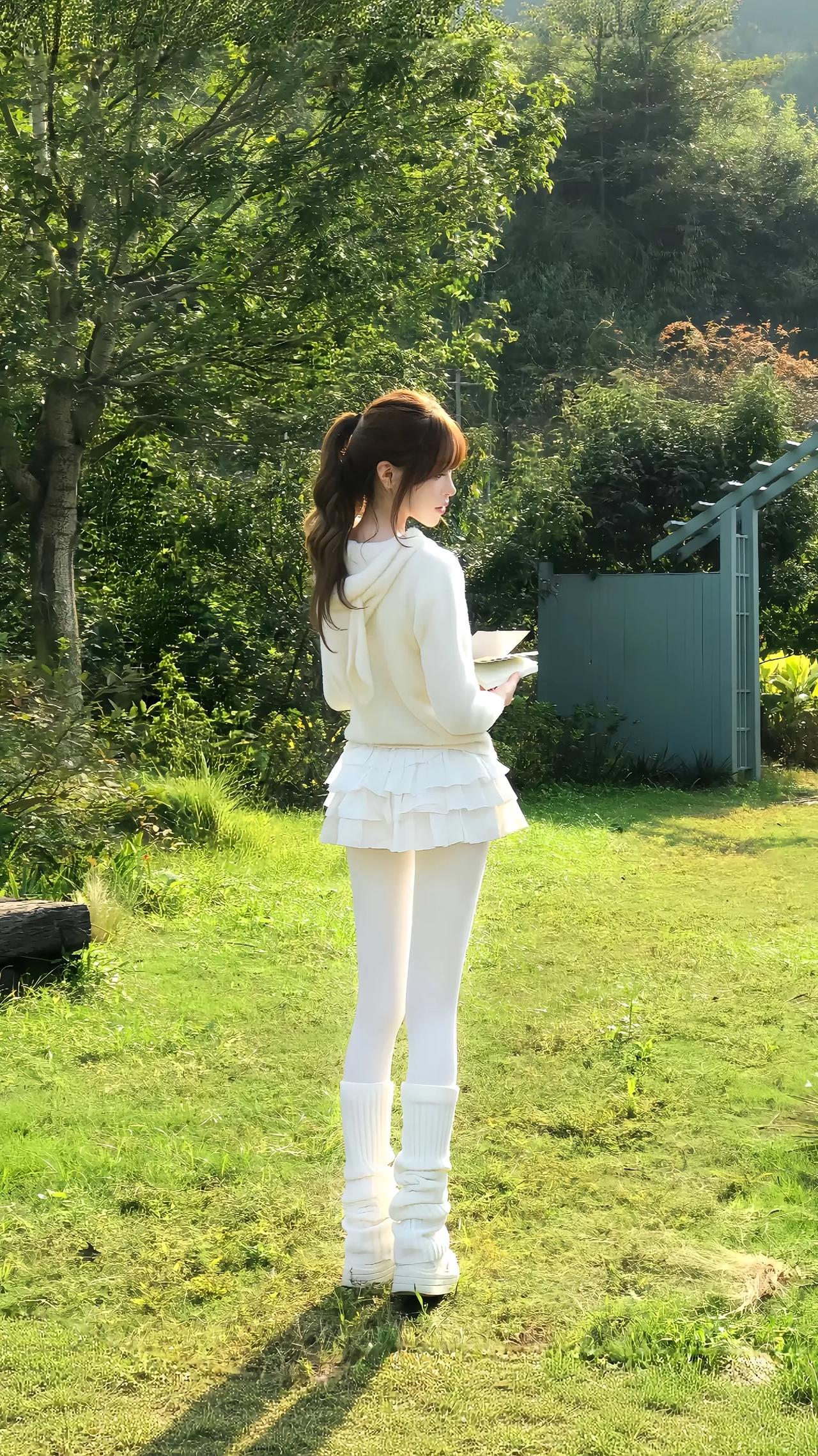 阳光明媚，女孩在草地上看书。