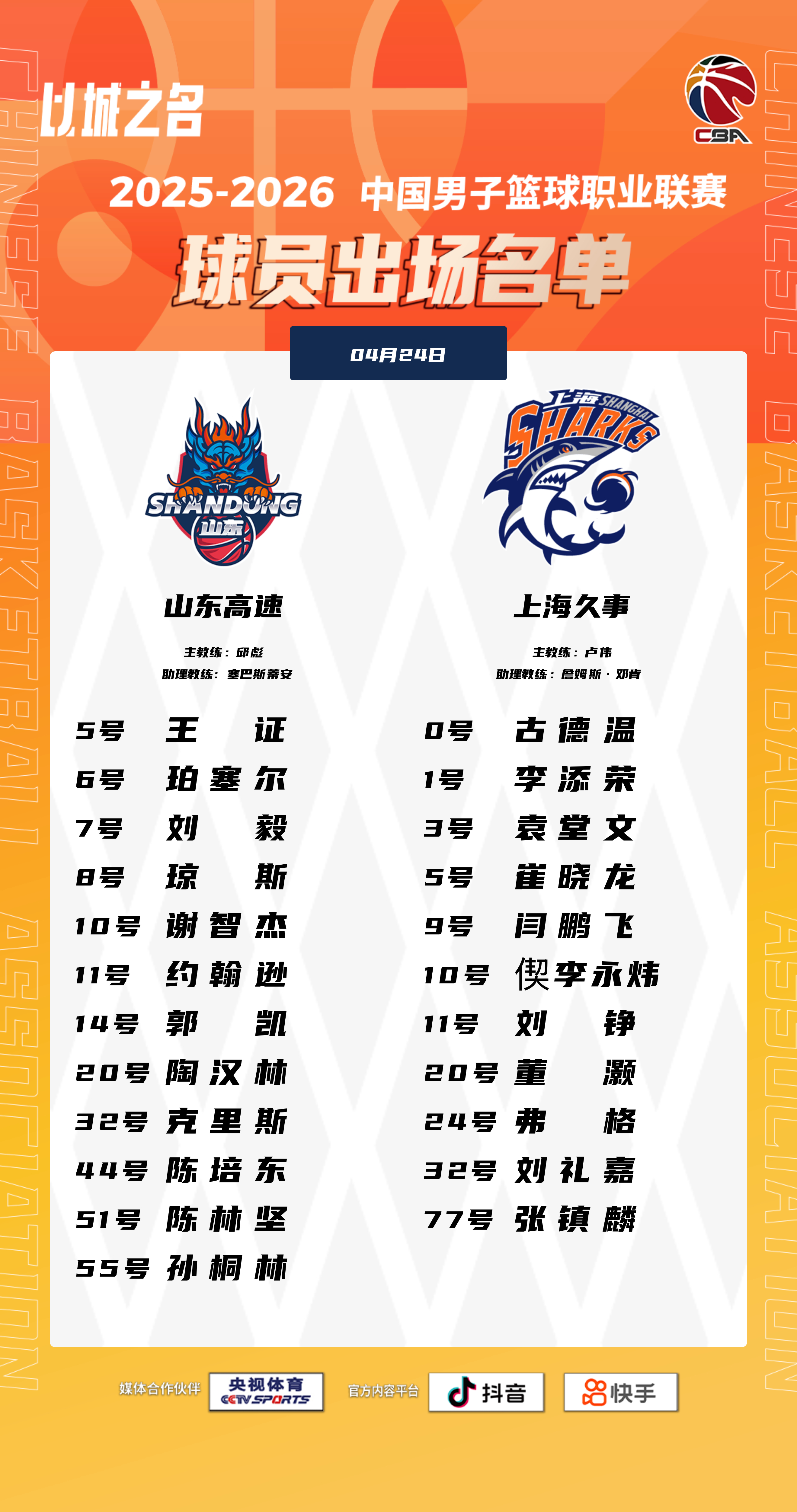 王哲林（腰部不适）、李弘权（发烧）、洛夫顿和怀特塞德全部因伤休战，上海男篮11人