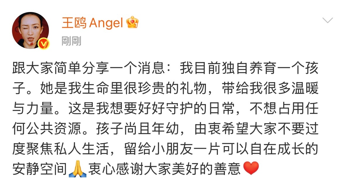 王鸥 我目前独自养育一个孩子2026年8月31日，王鸥本人发文，首次正面回应育儿