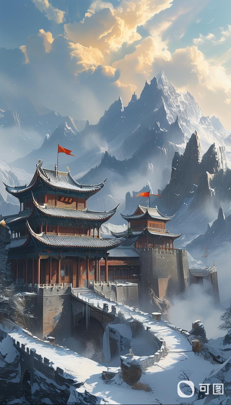 飞檐角挑祁连雪，

关旗漫卷玉门云。
飞檐角挑祁连雪，

关旗漫卷玉门云。

飞