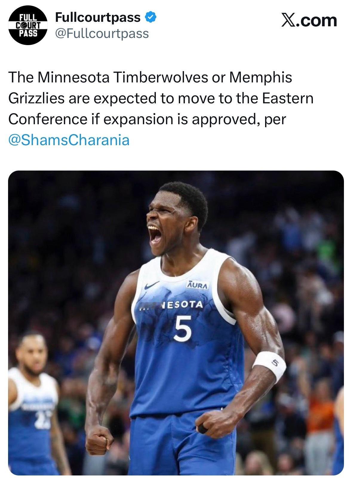 若扩军获批，明尼苏达森林狼队或孟菲斯灰熊队预计将被划入东部联盟。 
