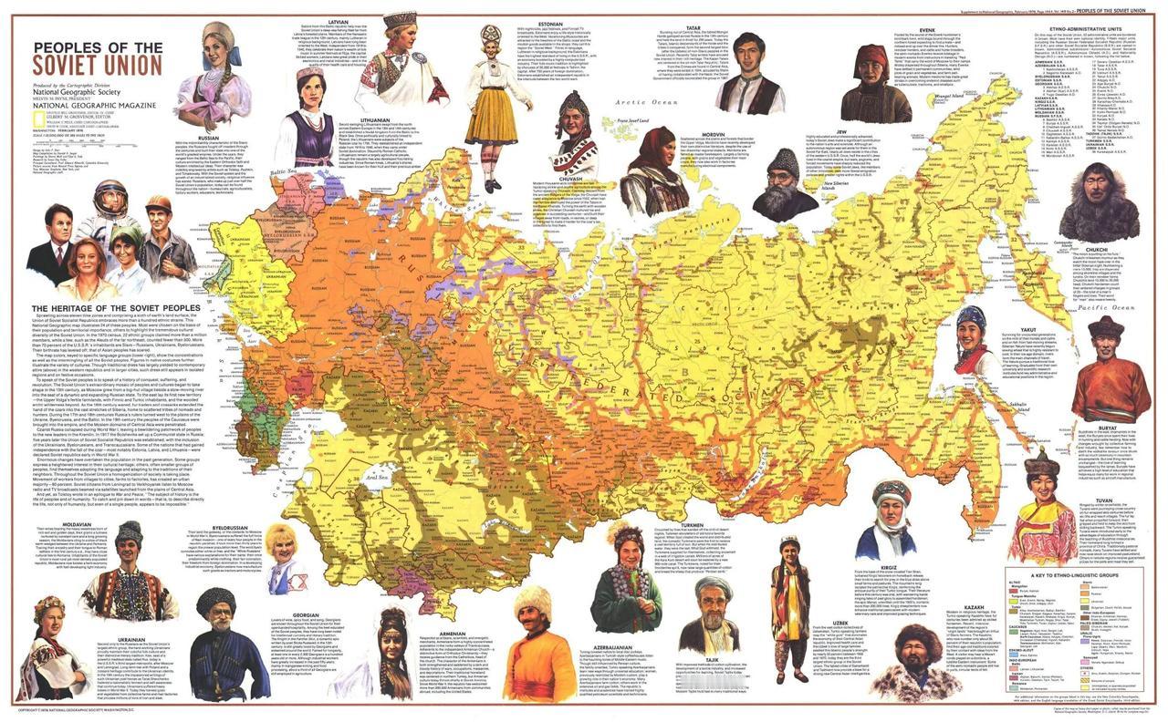 地图显示的苏联各民族的居住地。
来源：国家地理。