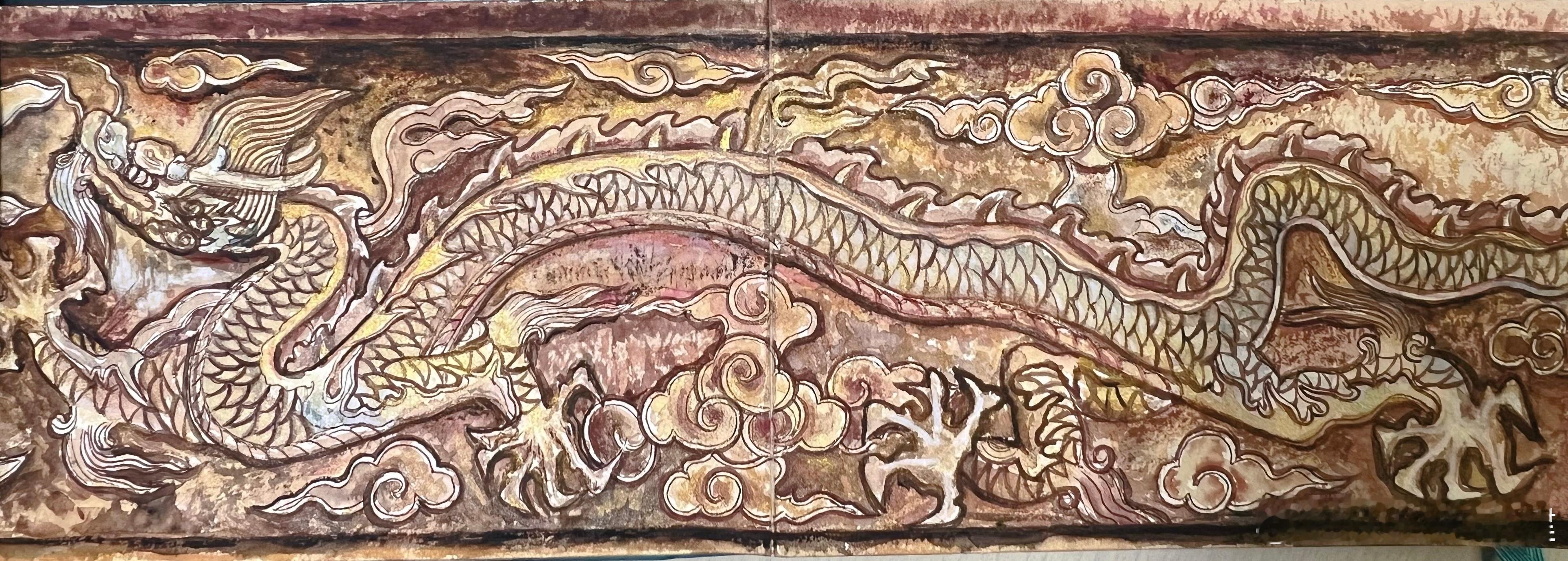 明十三陵，定陵明楼圣号碑龙纹石刻，水彩作品。作者。小姐姐画的太棒了。#十三陵[超
