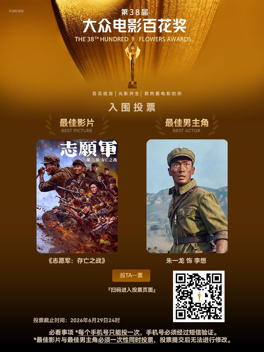 恭喜第37届大众电影百花奖最佳男主角朱一龙凭借电影《志愿军:存亡之战》入围第38