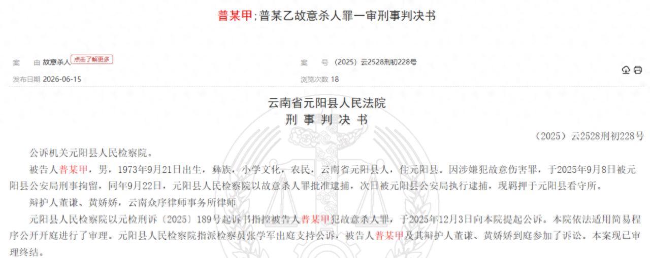 2026年6月15日，中国裁判文书网公布了一起家庭悲剧，云南省元阳县人民法院刑事