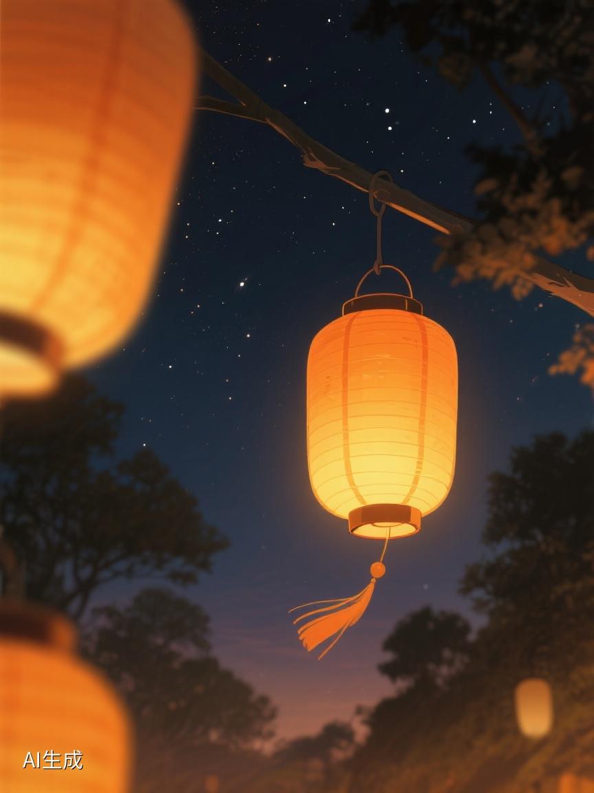 AI妙生图夜幕中，灯笼暖光摇曳，星星点点。它们似在诉说，黑暗里总有希望闪耀✨