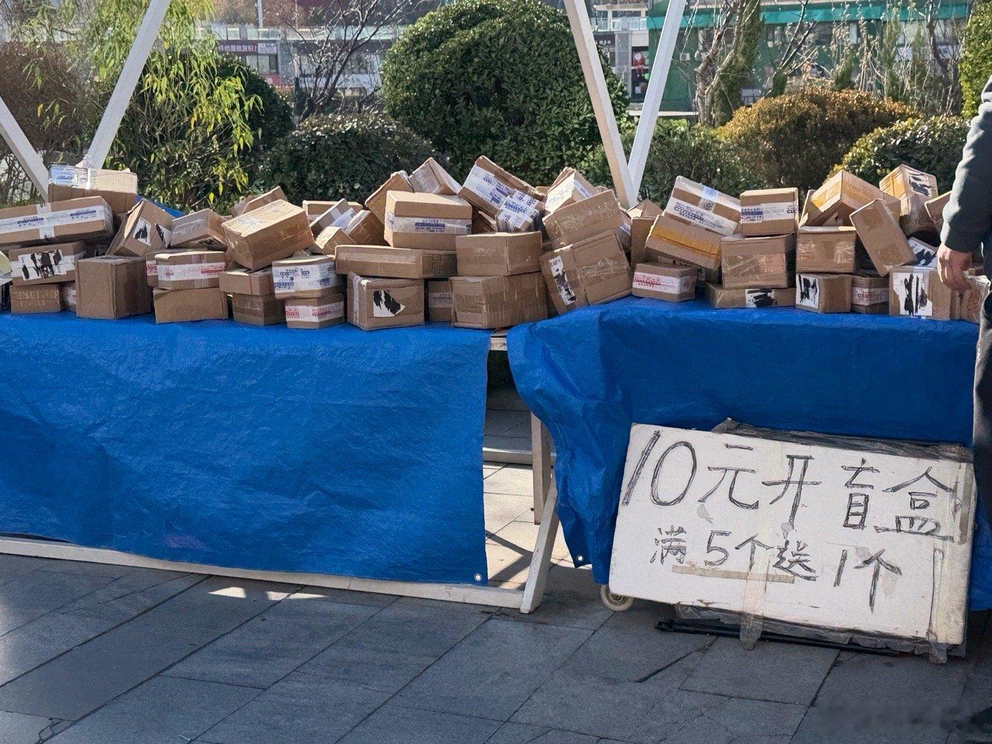 好家伙，还有卖快递开盲盒的，10元一个，说是长时间没人取的件