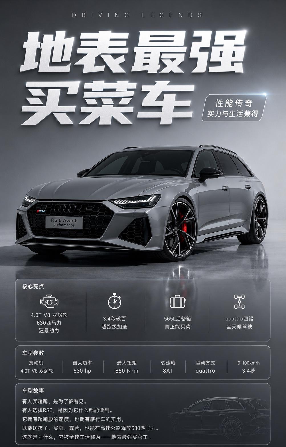 奥迪RS6，为什么它叫地表最强买菜车有些车，是为了炫耀；有些车，是为了生活。而奥